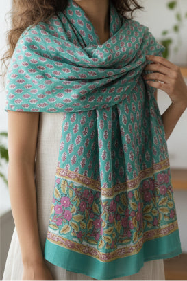 Bagru Hand Block Floral Printed Cotton Mulmul Dupatta