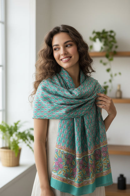 Bagru Hand Block Floral Printed Cotton Mulmul Dupatta