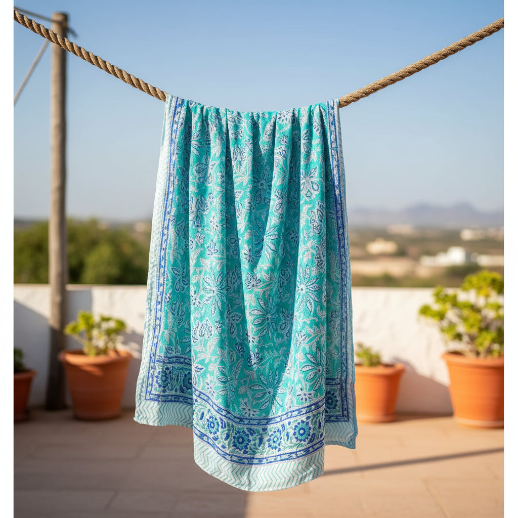 Teal and white patterned garment on a hanger against a plain background