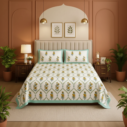 Premium Sanganeri Block Print 100% Cotton King Size Bedsheet with 2 Reversible Pillowcases