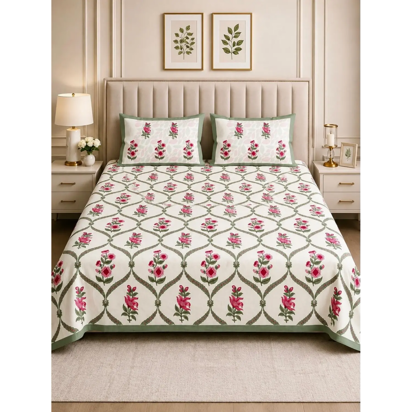Premium Sanganeri Block Print 100% Cotton King Size Bedsheet with 2 Reversible Pillowcases