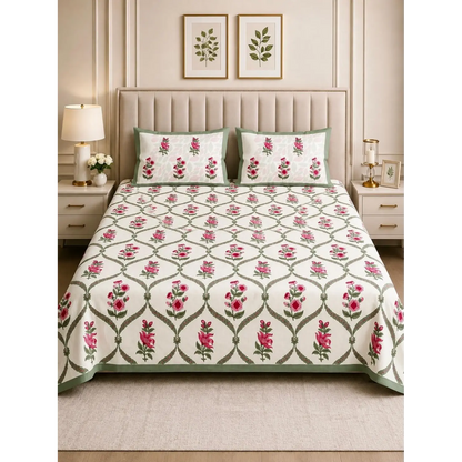 Premium Sanganeri Block Print 100% Cotton King Size Bedsheet with 2 Reversible Pillowcases