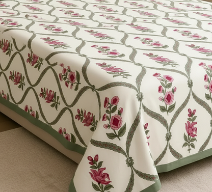 Premium Sanganeri Block Print 100% Cotton King Size Bedsheet with 2 Reversible Pillowcases