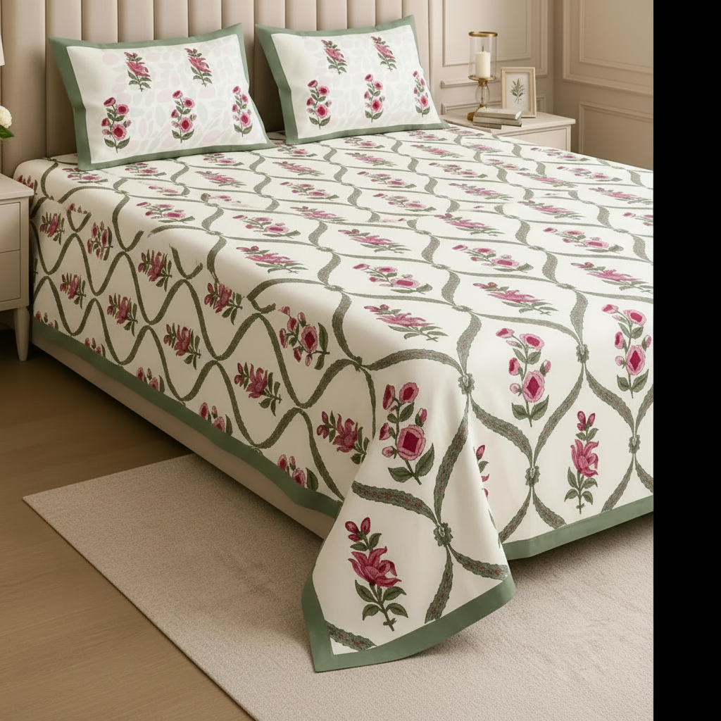 Premium Sanganeri Block Print 100% Cotton King Size Bedsheet with 2 Reversible Pillowcases