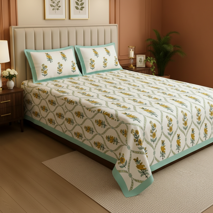 Premium Sanganeri Block Print 100% Cotton King Size Bedsheet with 2 Reversible Pillowcases