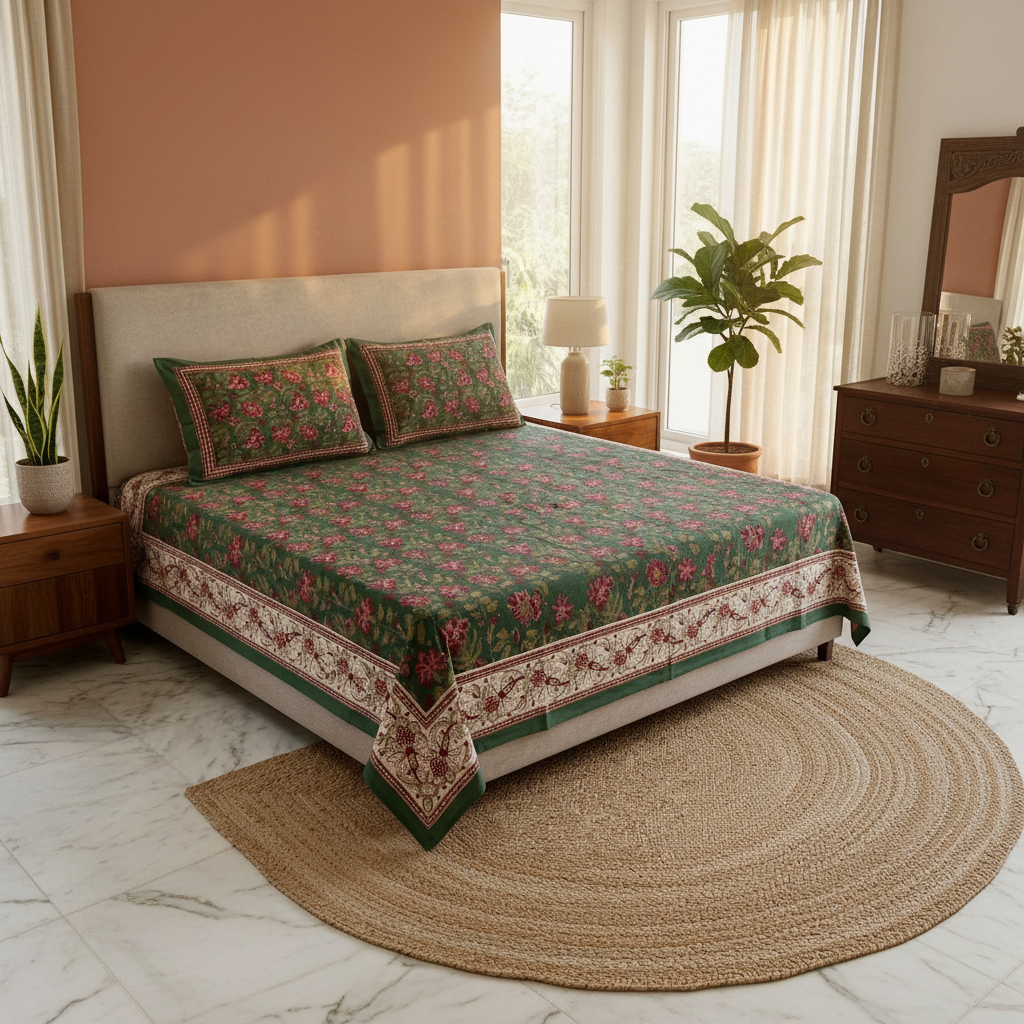 Premium Sanganeri Block Print 100% Cotton King Size Bedsheet with 2 Reversible Pillowcases