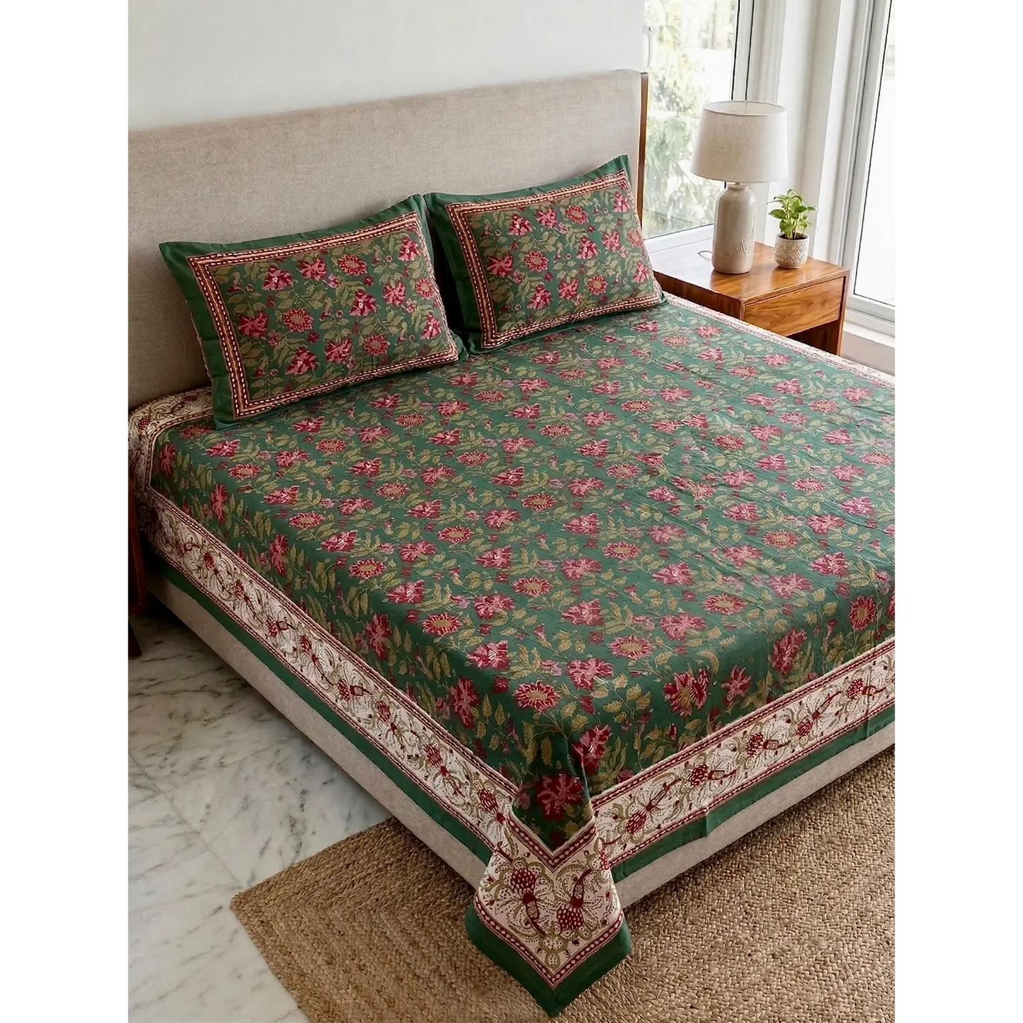 Premium Sanganeri Block Print 100% Cotton King Size Bedsheet with 2 Reversible Pillowcases