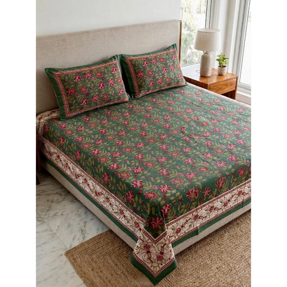 Premium Sanganeri Block Print 100% Cotton King Size Bedsheet with 2 Reversible Pillowcases