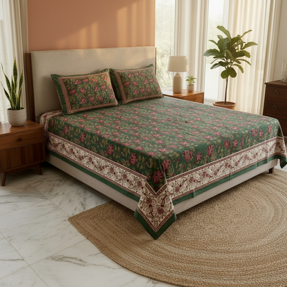Premium Sanganeri Block Print 100% Cotton King Size Bedsheet with 2 Reversible Pillowcases