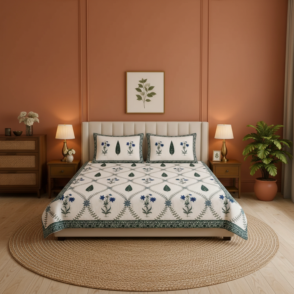 Premium Sanganeri Block Print 100% Cotton King Size Bedsheet with 2 Reversible Pillowcases
