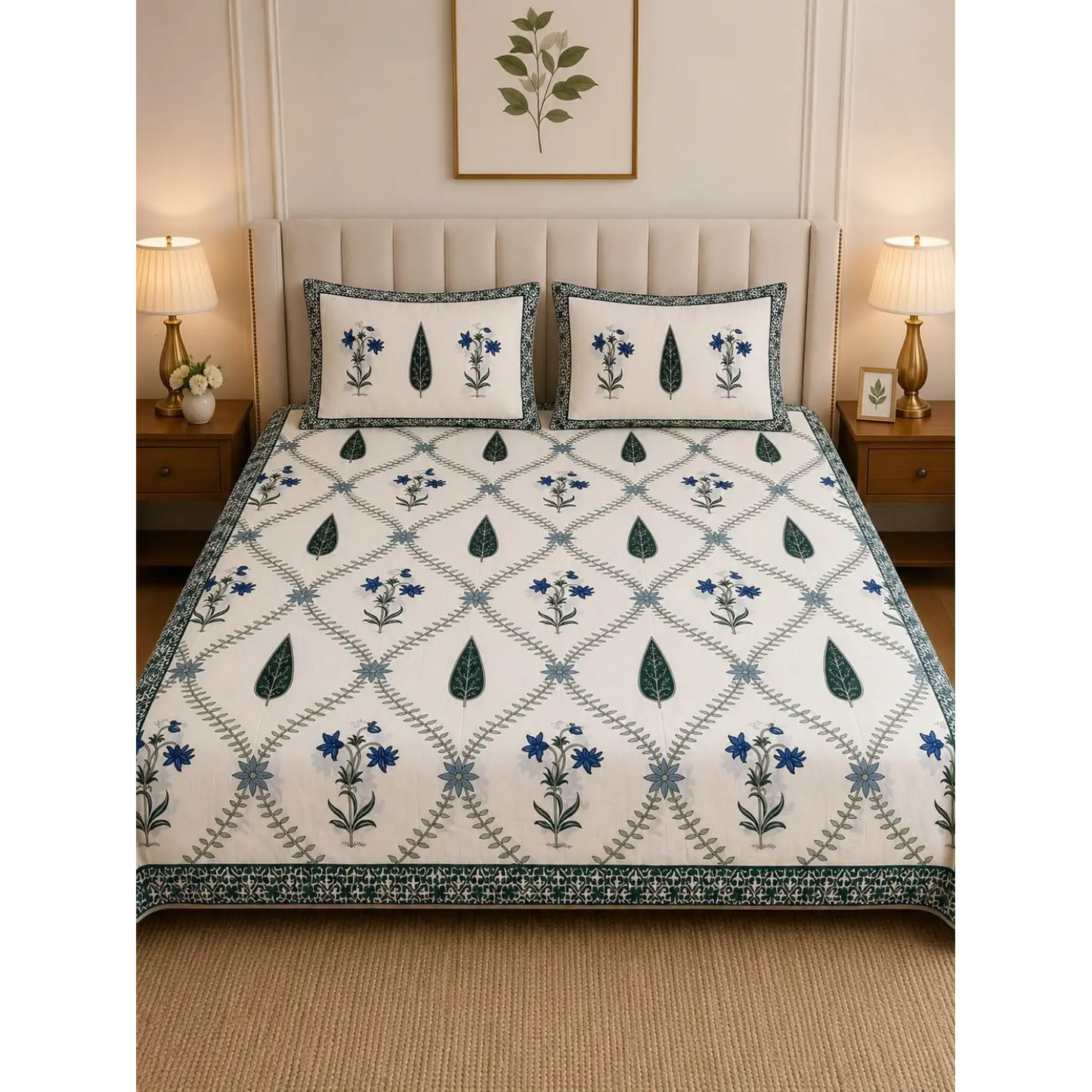 Premium Sanganeri Block Print 100% Cotton King Size Bedsheet with 2 Reversible Pillowcases