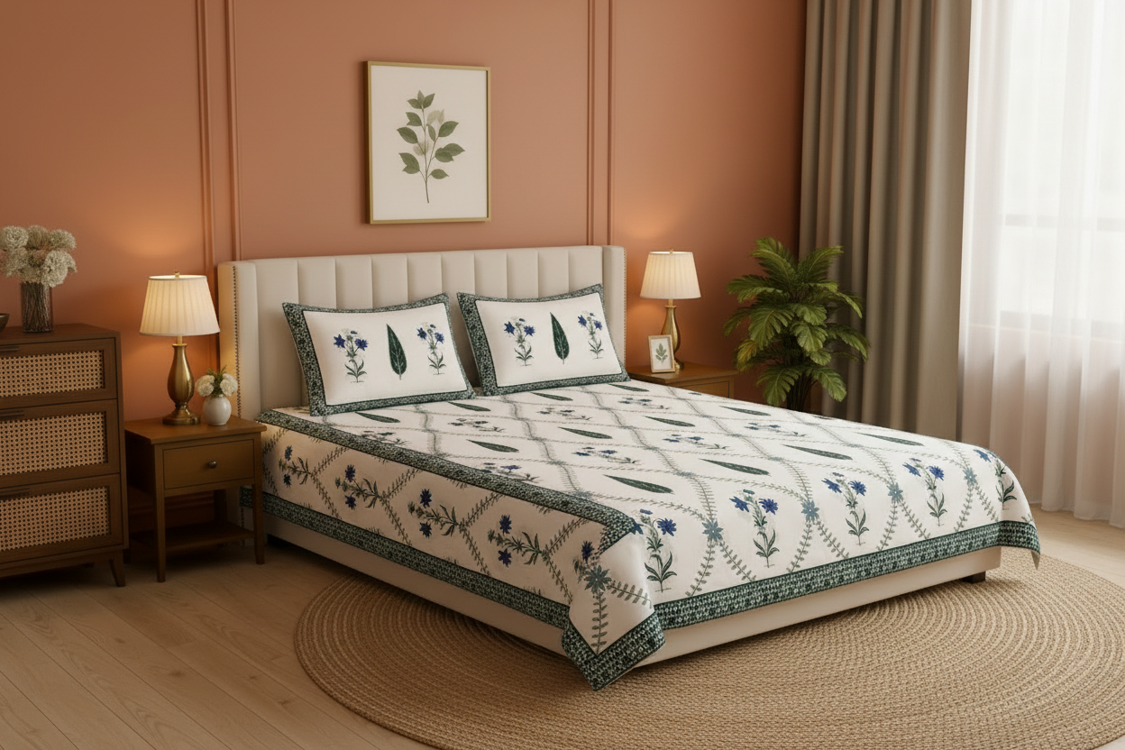 Premium Sanganeri Block Print 100% Cotton King Size Bedsheet with 2 Reversible Pillowcases