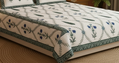 Premium Sanganeri Block Print 100% Cotton King Size Bedsheet with 2 Reversible Pillowcases