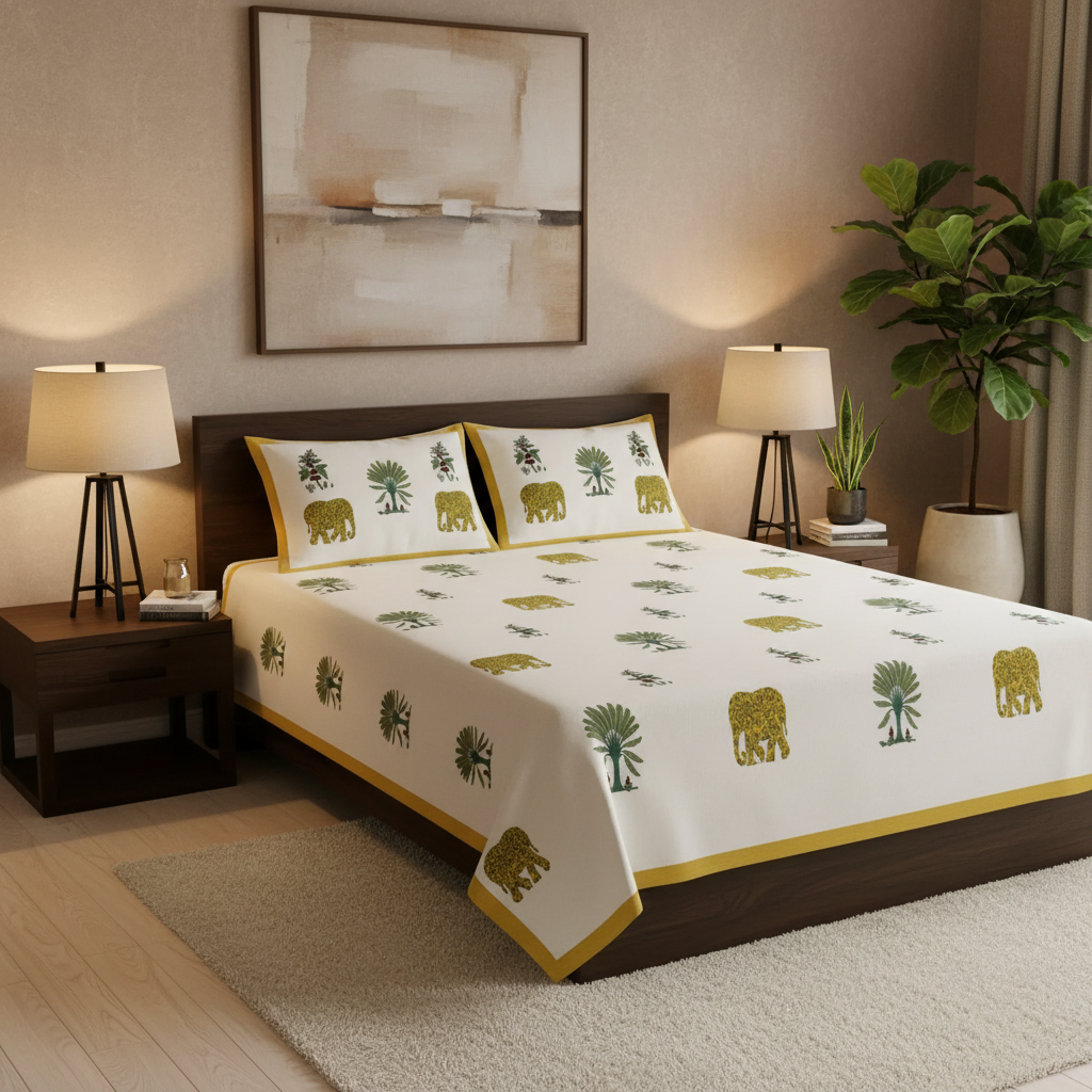 Premium Sanganeri Block Print 100% Cotton King Size Bedsheet with 2 Reversible Pillowcases