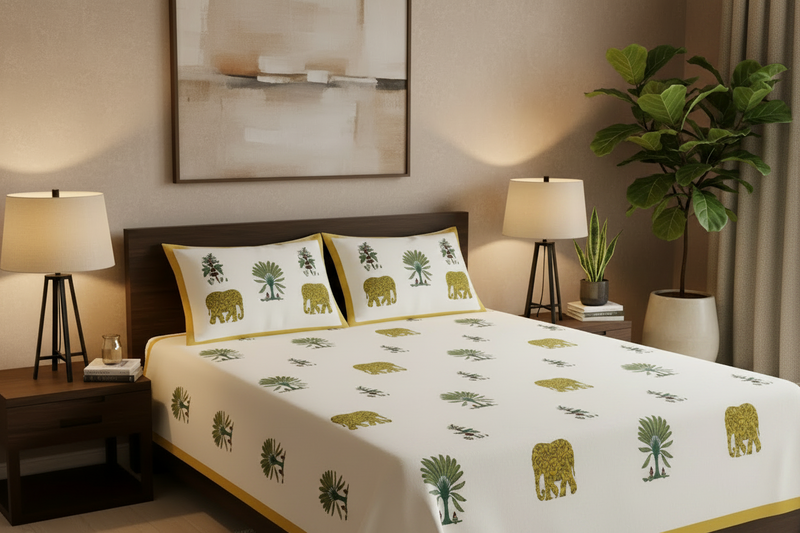Premium Sanganeri Block Print 100% Cotton King Size Bedsheet with 2 Reversible Pillowcases