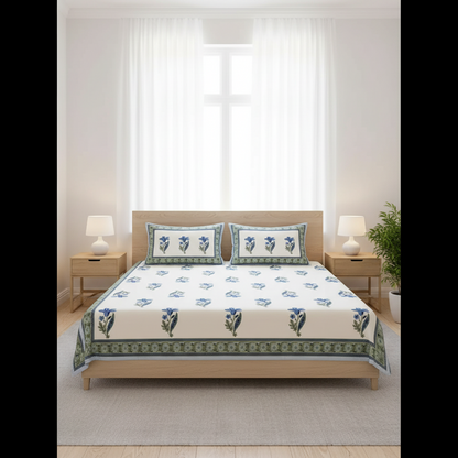 Premium Sanganeri Block Print 100% Cotton King Size Bedsheet with 2 Reversible Pillowcases