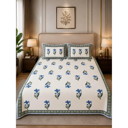 Premium Sanganeri Block Print 100% Cotton King Size Bedsheet with 2 Reversible Pillowcases