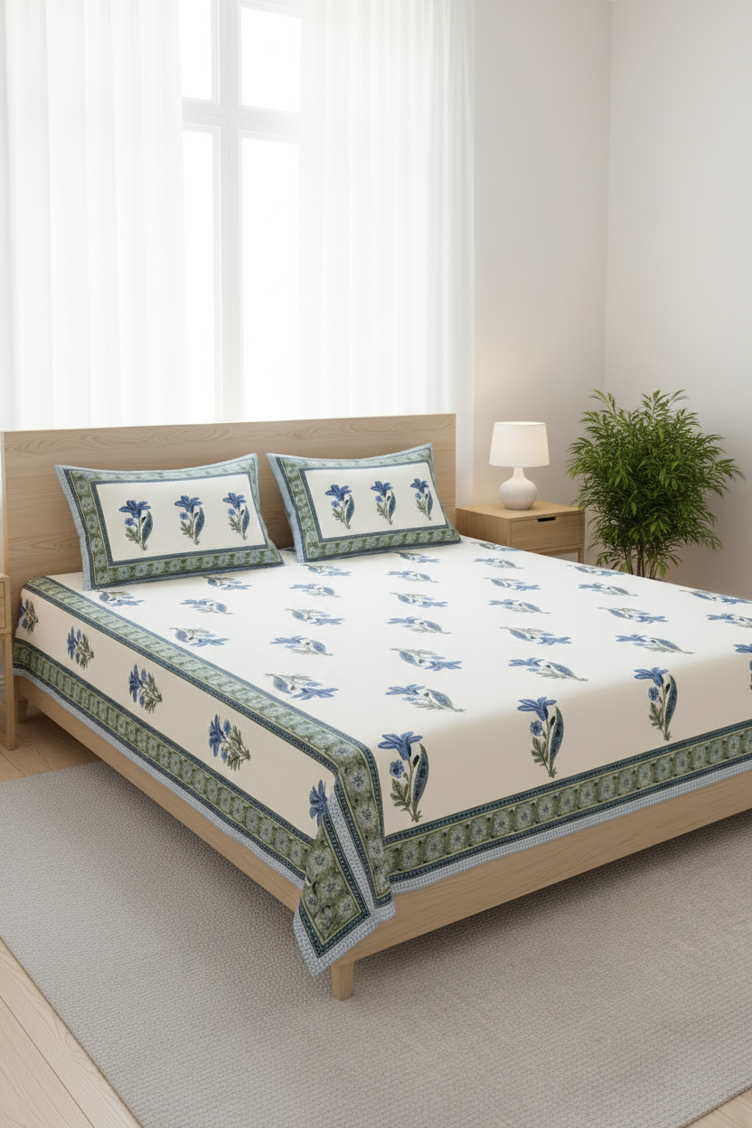 Premium Sanganeri Block Print 100% Cotton King Size Bedsheet with 2 Reversible Pillowcases