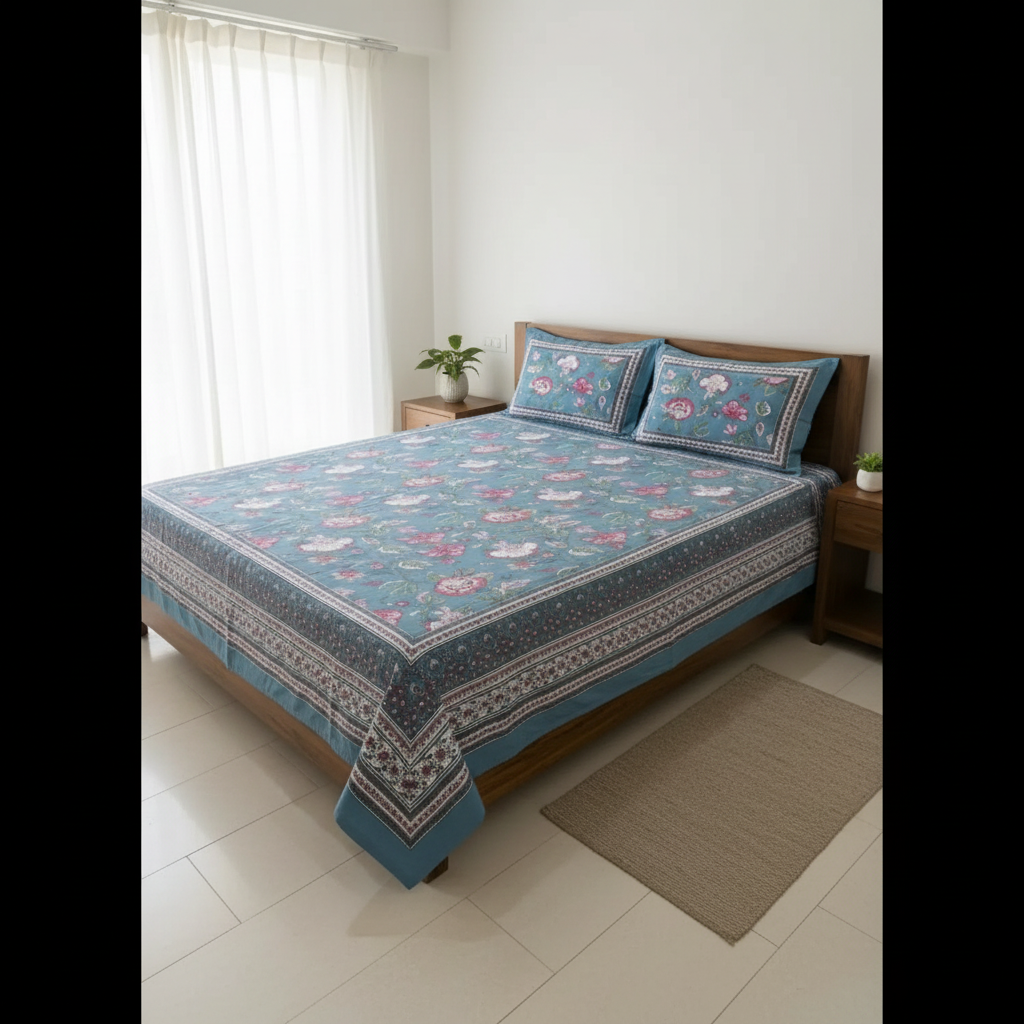 Premium Sanganeri Block Print 100% Cotton King Size Bedsheet with 2 Reversible Pillowcases