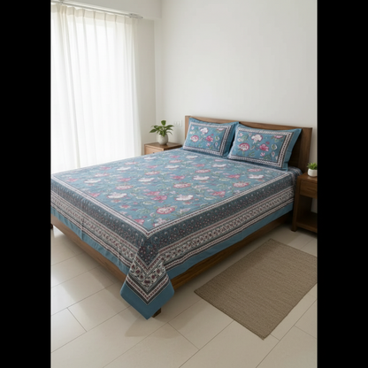 Premium Sanganeri Block Print 100% Cotton King Size Bedsheet with 2 Reversible Pillowcases