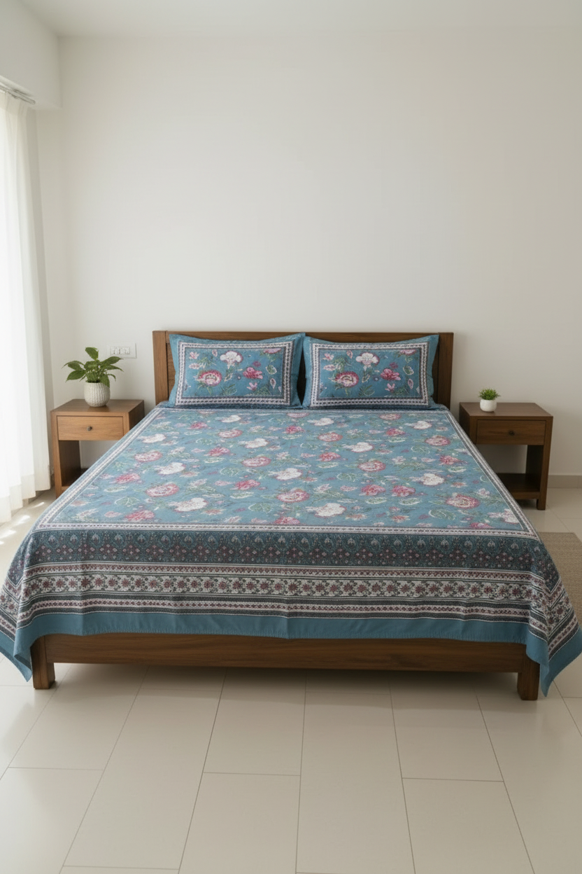 Premium Sanganeri Block Print 100% Cotton King Size Bedsheet with 2 Reversible Pillowcases
