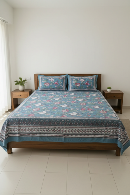Premium Sanganeri Block Print 100% Cotton King Size Bedsheet with 2 Reversible Pillowcases