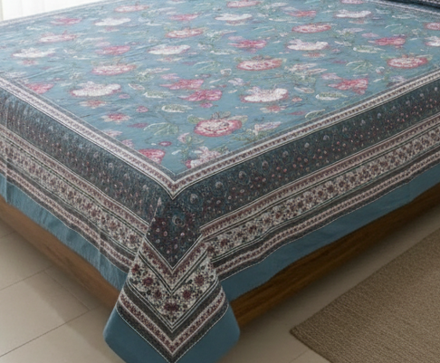 Premium Sanganeri Block Print 100% Cotton King Size Bedsheet with 2 Reversible Pillowcases