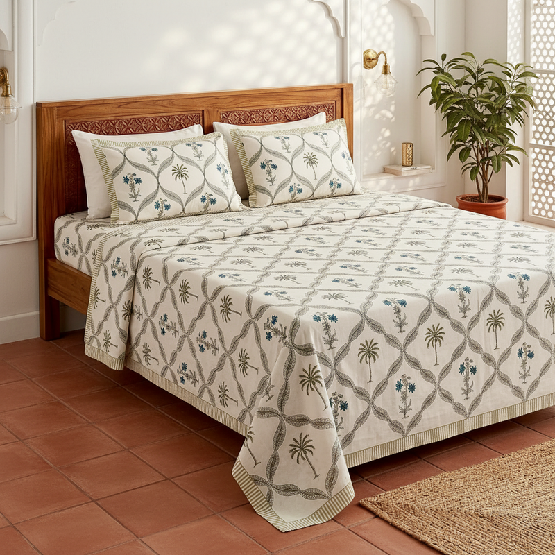 Premium Sanganeri Block Print 100% Cotton King Size Bedsheet with 2 Reversible Pillowcases