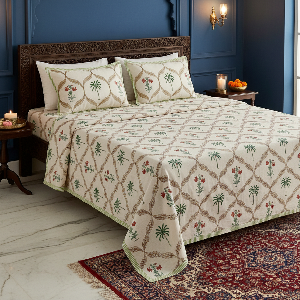 Premium Sanganeri Block Print 100% Cotton King Size Bedsheet with 2 Reversible Pillowcases
