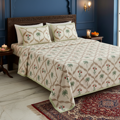 Premium Sanganeri Block Print 100% Cotton King Size Bedsheet with 2 Reversible Pillowcases