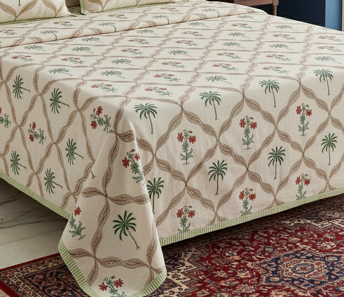Premium Sanganeri Block Print 100% Cotton King Size Bedsheet with 2 Reversible Pillowcases