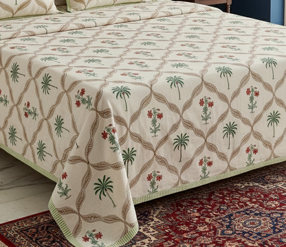Premium Sanganeri Block Print 100% Cotton King Size Bedsheet with 2 Reversible Pillowcases