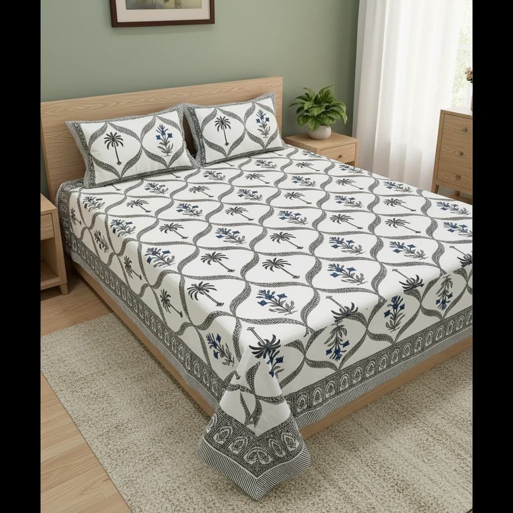 Premium Sanganeri Block Print 100% Cotton King Size Bedsheet with 2 Reversible Pillowcases