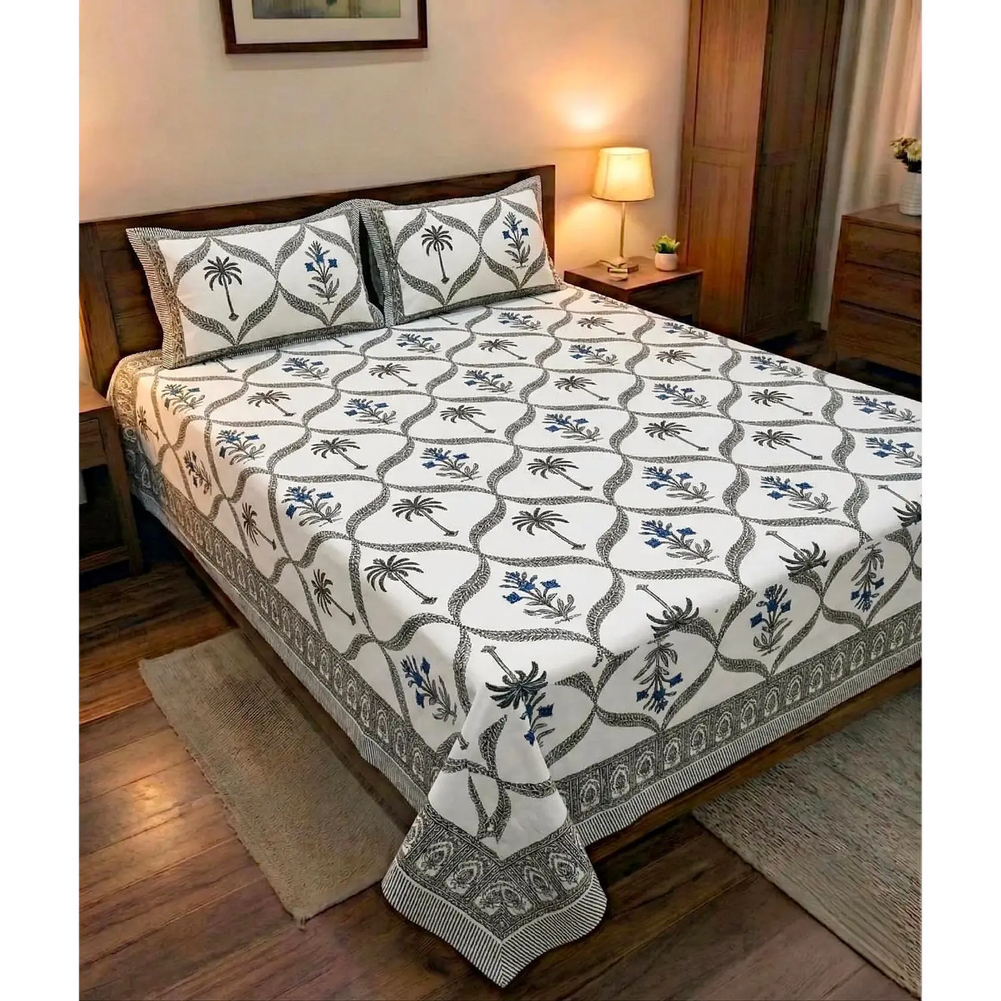 Premium Sanganeri Block Print 100% Cotton King Size Bedsheet with 2 Reversible Pillowcases