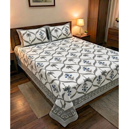 Premium Sanganeri Block Print 100% Cotton King Size Bedsheet with 2 Reversible Pillowcases