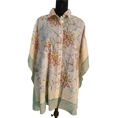 Hand Block Printed Pure Cotton Short Kaftan for Women, Free Size Relaxed Fit Maxi, Lounge, Nightwear, Beach Cover-Up, Handmade Ethnic Boho Kaftan