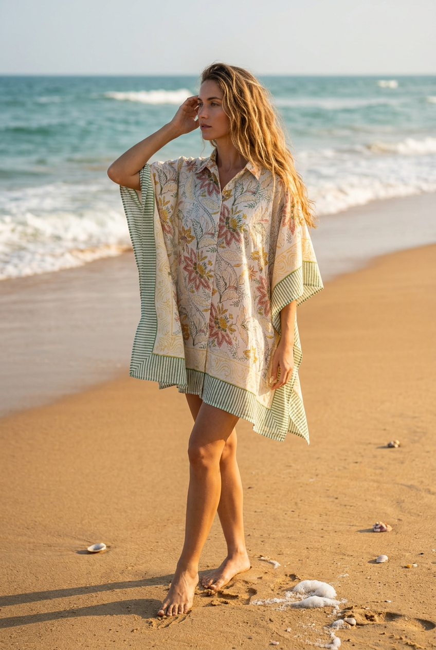 Hand Block Printed Pure Cotton Short Kaftan for Women, Free Size Relaxed Fit Maxi, Lounge, Nightwear, Beach Cover-Up, Handmade Ethnic Boho Kaftan