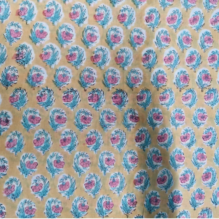 Sanganeri Hand Block Print Cotton Fabric – Yellow Floral Print