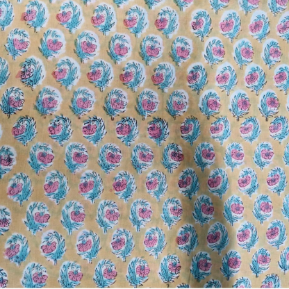 Sanganeri Hand Block Print Cotton Fabric – Yellow Floral Print