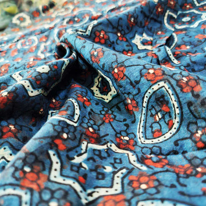 Ethnic Indigo Ajrakh Cotton Fabric with Floral Motifs