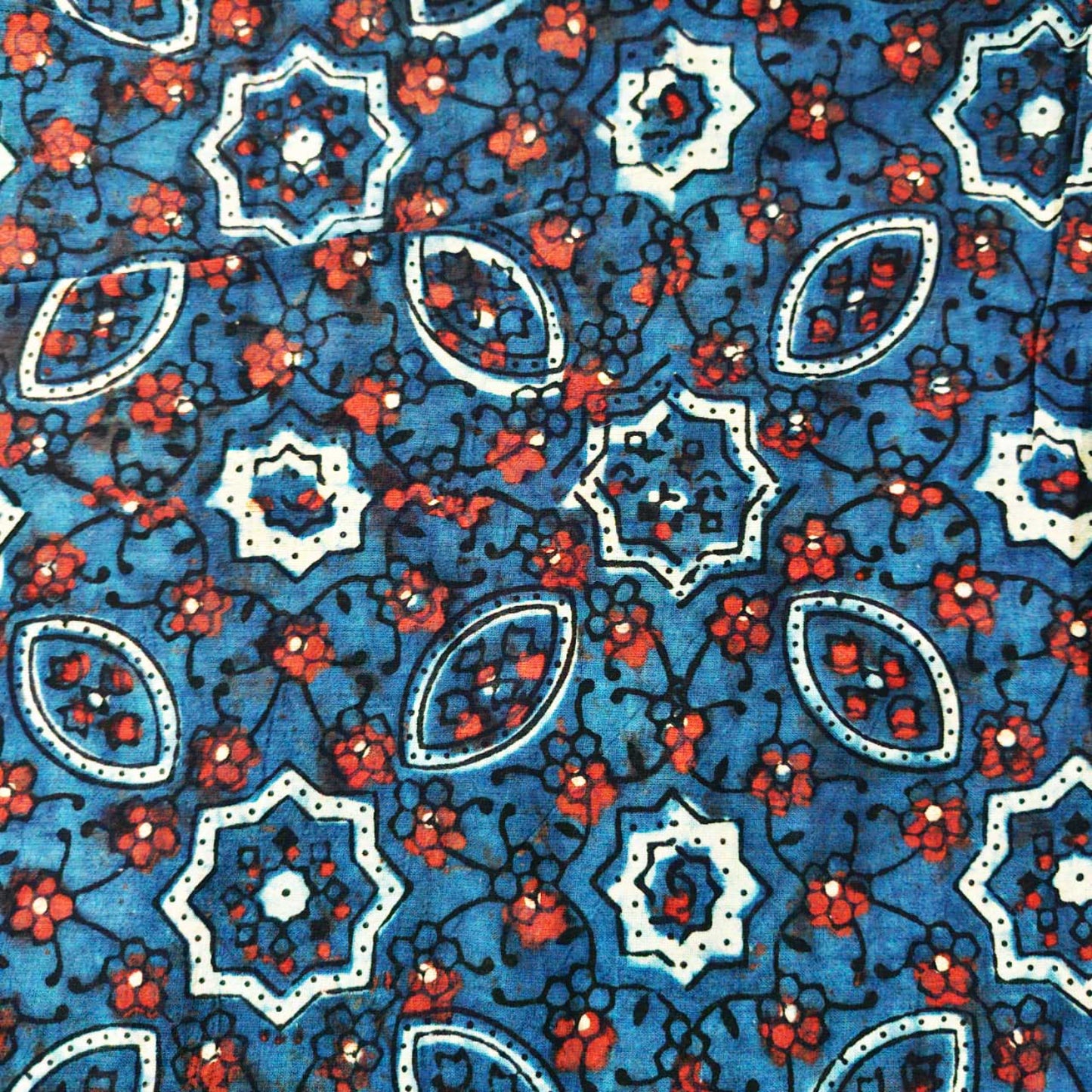 Ethnic Indigo Ajrakh Cotton Fabric with Floral Motifs