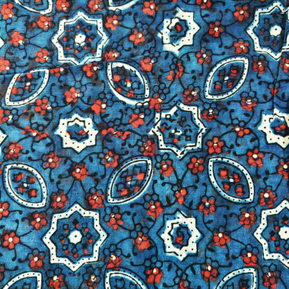 Ethnic Indigo Ajrakh Cotton Fabric with Floral Motifs