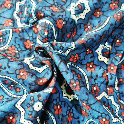 Ethnic Indigo Ajrakh Cotton Fabric with Floral Motifs
