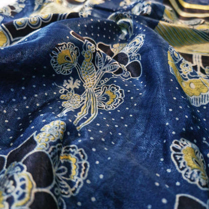 Ethnic Indigo Ajrakh MashrooKali Silk Fabric with Floral Motifs