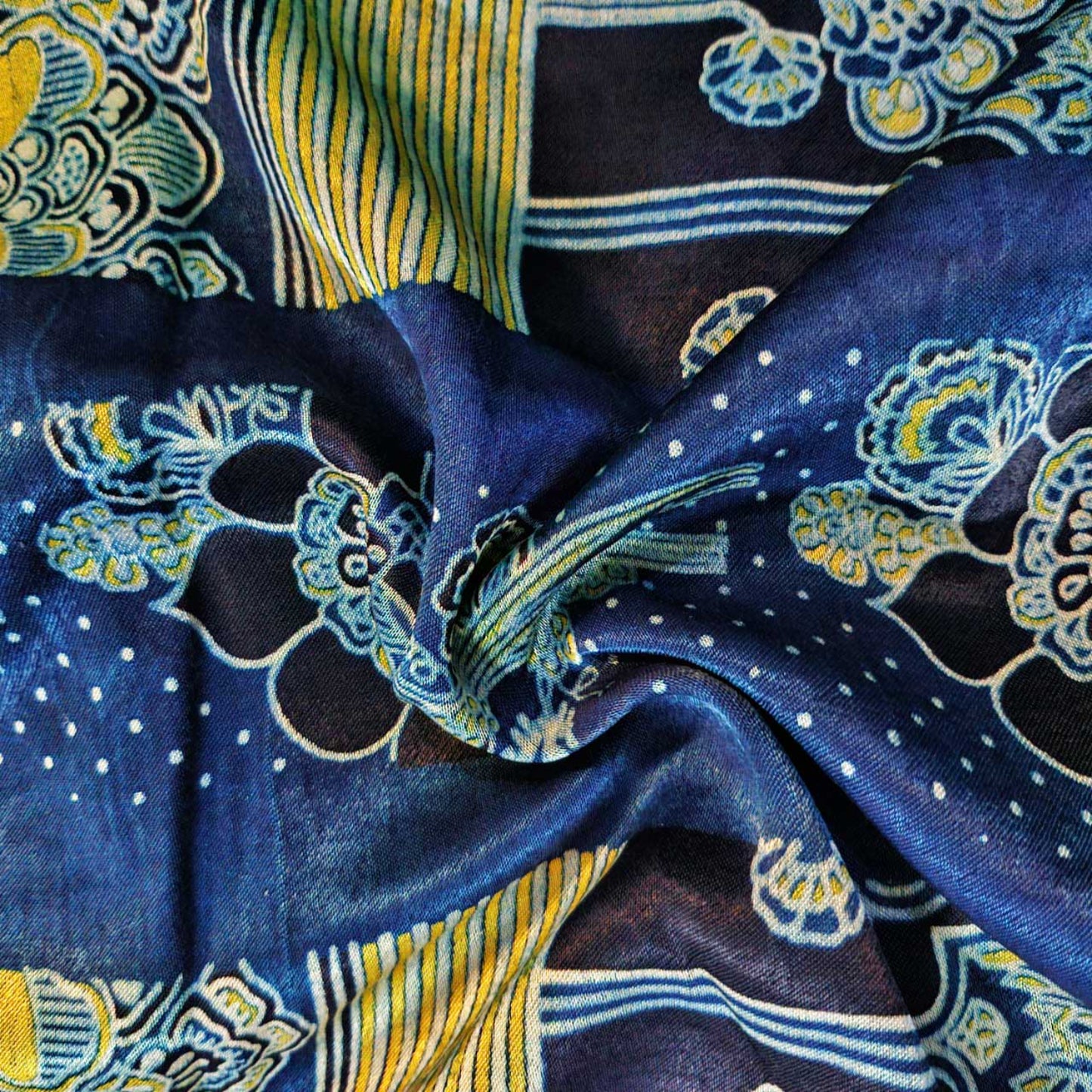 Ethnic Indigo Ajrakh MashrooKali Silk Fabric with Floral Motifs