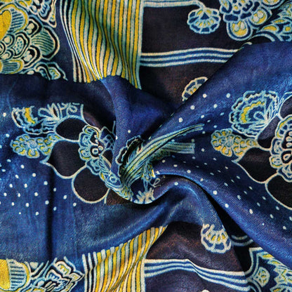 Ethnic Indigo Ajrakh MashrooKali Silk Fabric with Floral Motifs