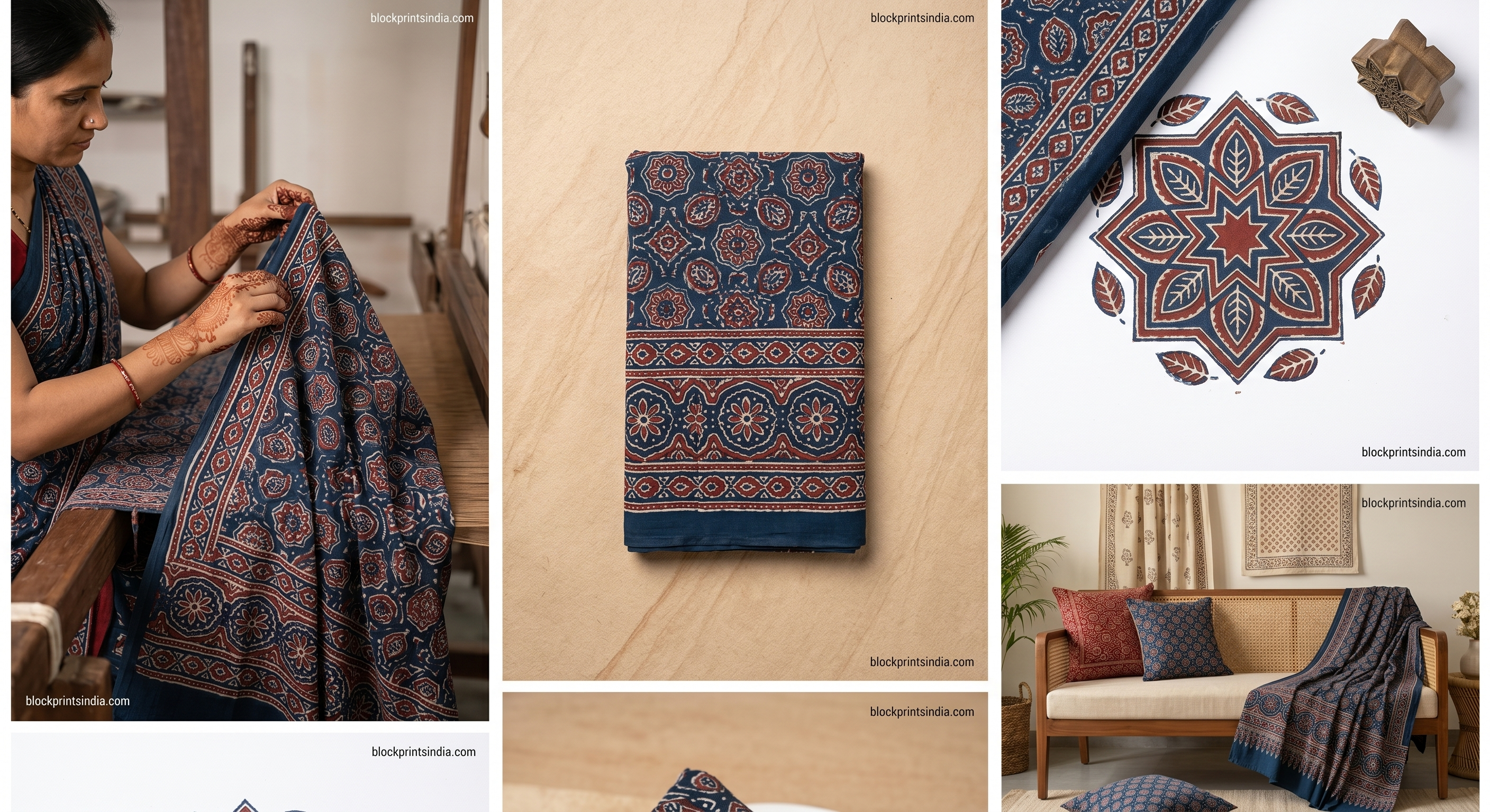Ethnic Indigo Ajrakh Cotton Fabric with Floral Motifs