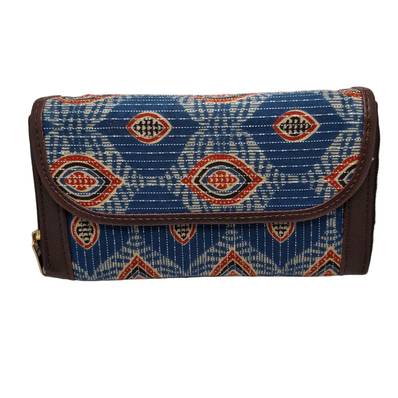 Indigo blue eye motif block print clutch - front view with flap closed