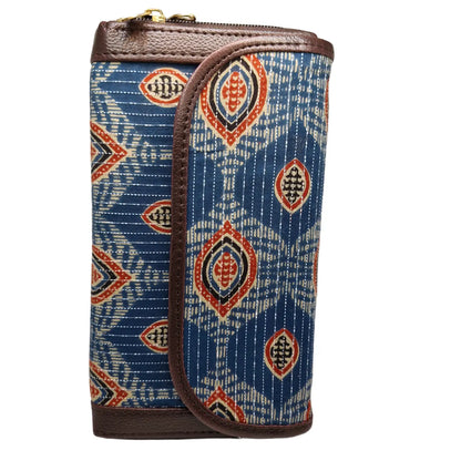 Indigo blue eye motif block print clutch - side profile showing flap and zip gusset