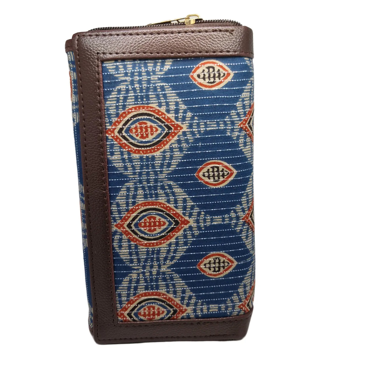 Indigo blue eye motif block print clutch - opposite side view